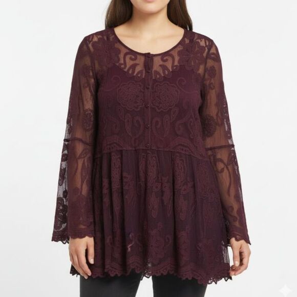 Lane Bryant Burgundy Sheer Embroidered Lace Babydoll Peplum LS Top Size 14/16 - Picture 1 of 13